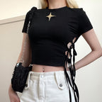 Crewneck short sleeve star applique self tie solid crop top
