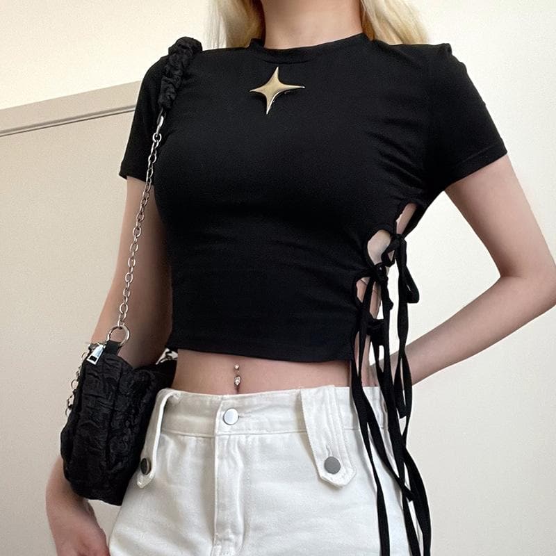 Crewneck short sleeve star applique self tie solid crop top