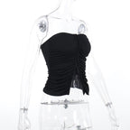 Button solid ruched backless ribbed tube crop top