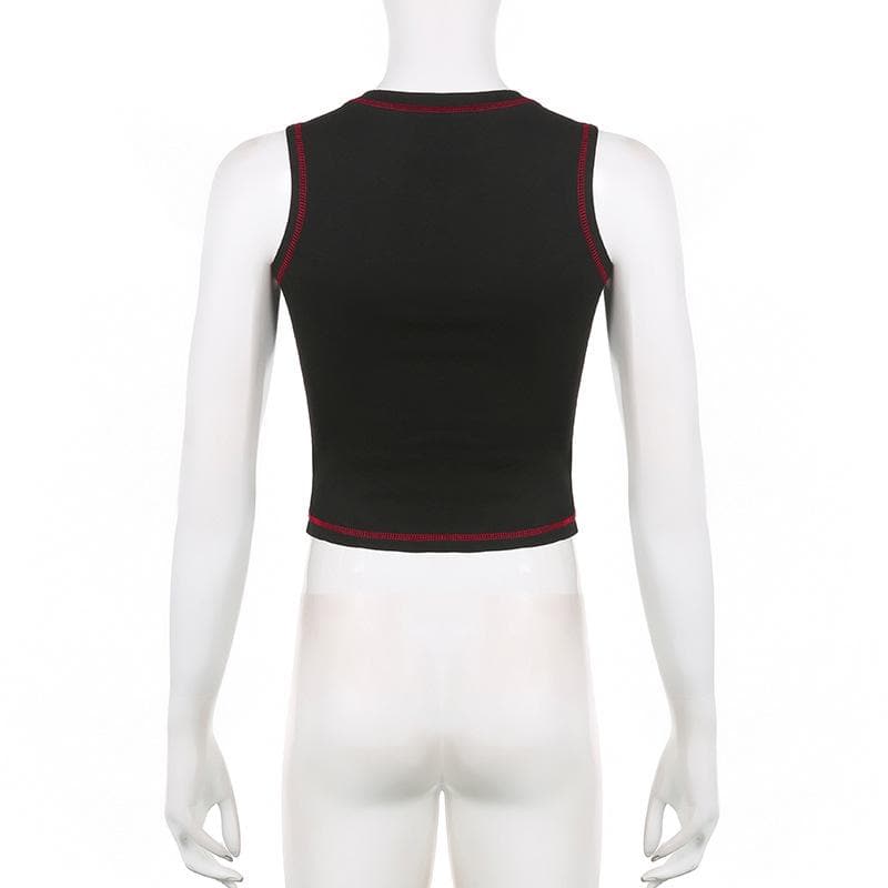 Star pattern beaded contrast stitch sleeveless crop top