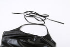 Self tie halter backless irregular PU leather square neck top