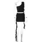 Irregular flower applique one shoulder solid mini skirt set
