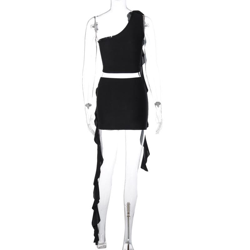 Irregular flower applique one shoulder solid mini skirt set