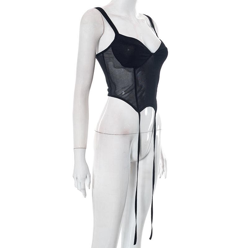 Mesh sleeveless solid backless v neck crop top