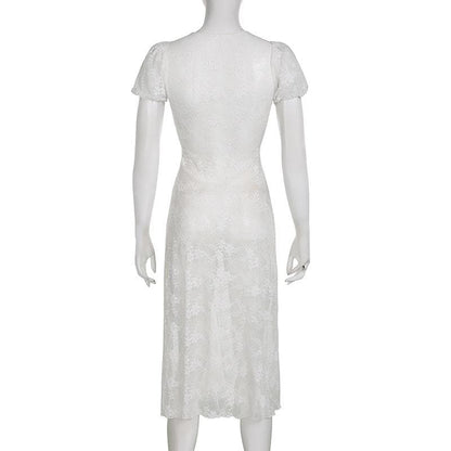 Durchsichtiges Patchwork-Midikleid mit Spitzeneinsätzen, Puffärmeln und Rüschen - Schlussverkauf 