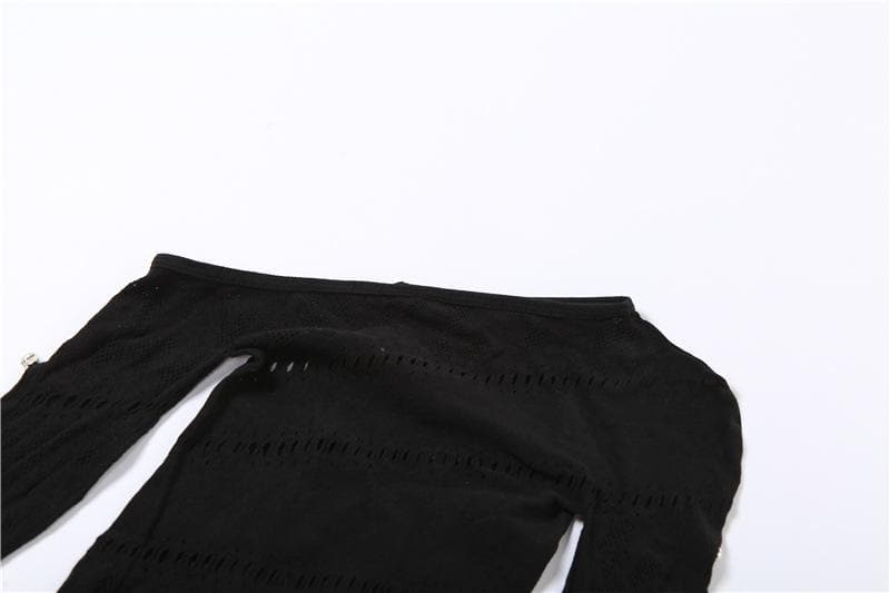 Schulterfreie Handschuhe, langärmliger, durchsichtiger Strampler aus Spitzennetz mit Knöpfen