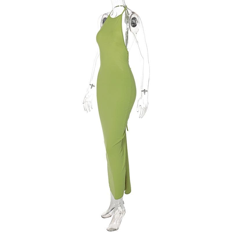 Backless solid ruched self tie halter maxi dress