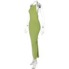 Backless solid ruched self tie halter maxi dress