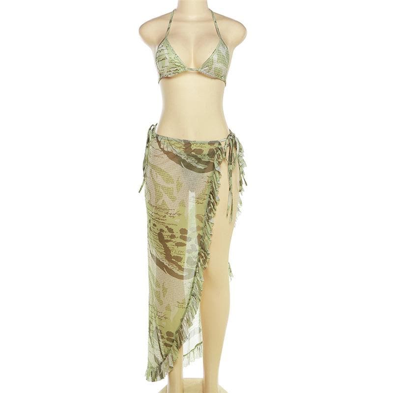 Halter self tie backless ruffle irregular mesh contrast print maxi skirt set