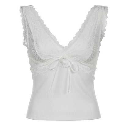 Top senza maniche con laccetti e scollo a V in patchwork di pizzo