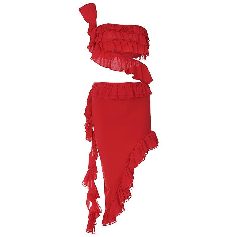 Irregular one shoulder ruffle backless solid midi skirt set