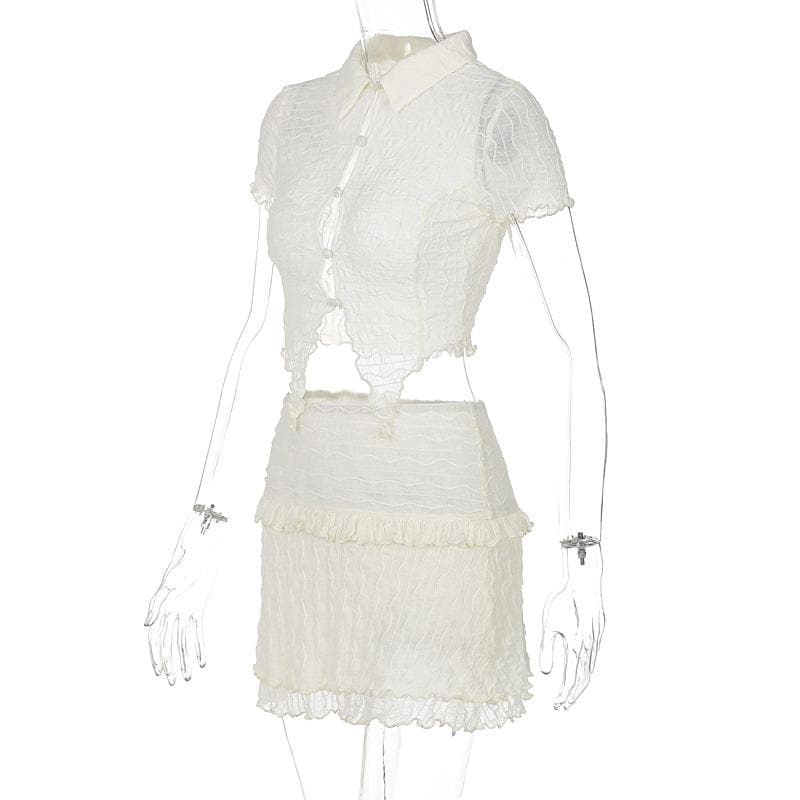 Textured button turnover collar short sleeve ruffle mini skirt set