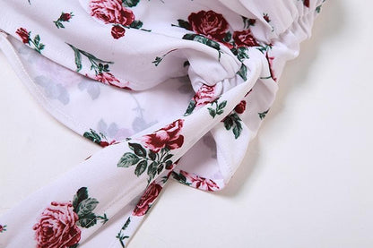 Flower print irregular contrast bowknot ruched zip-up top