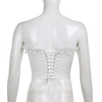 Lace hem solid self tie backless lace up tube crop top