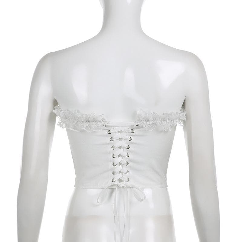 Lace hem solid self tie backless lace up tube crop top