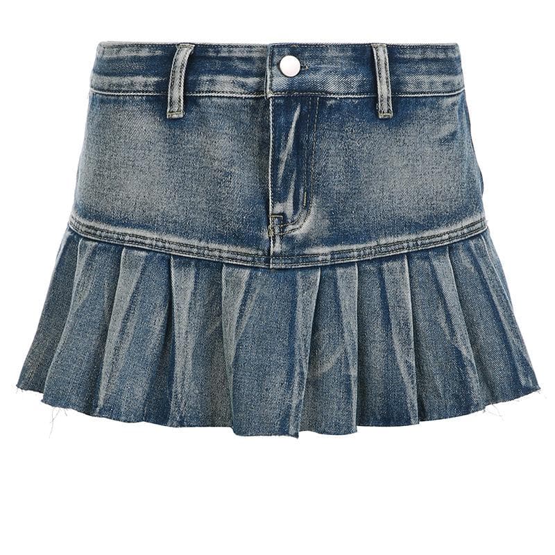 Pleated low rise raw hem A line denim mini skirt