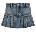 Pleated low rise raw hem A line denim mini skirt
