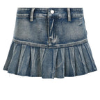 Pleated low rise raw hem A line denim mini skirt