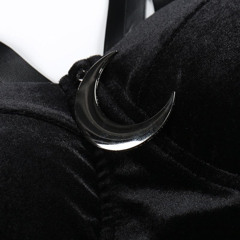 Top corto in velluto tinta unita con fibbia e applicazione a forma di luna, senza schienale e scollato 