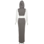 Sleeveless hoodie solid turtle neck maxi skirt set