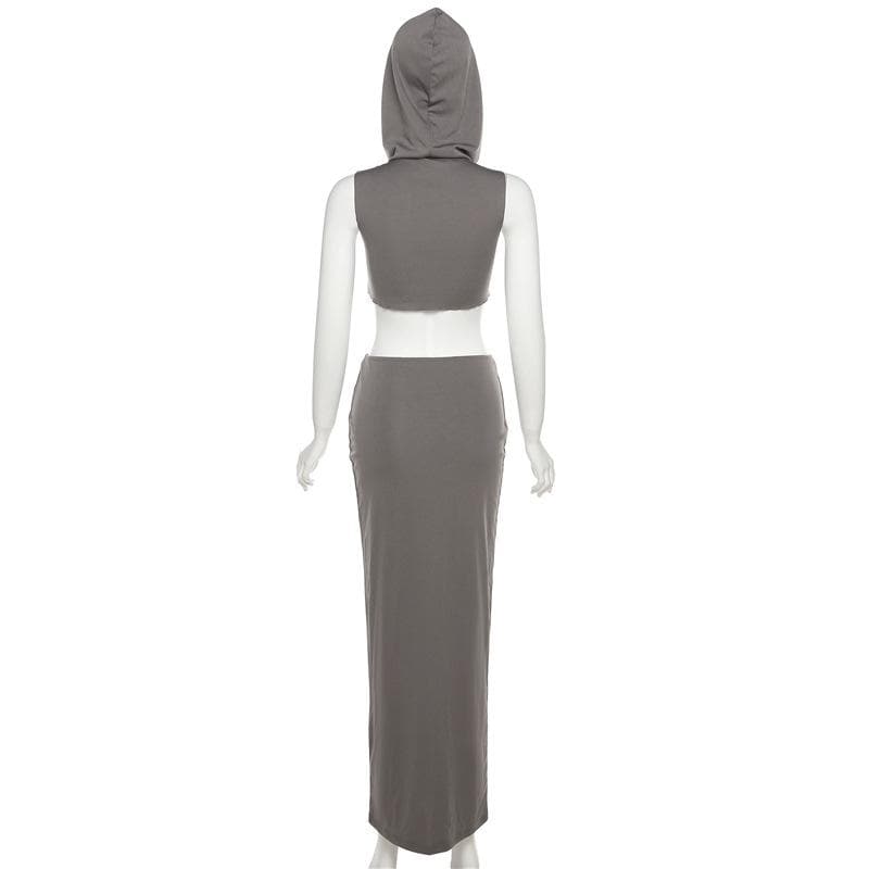 Sleeveless hoodie solid turtle neck maxi skirt set