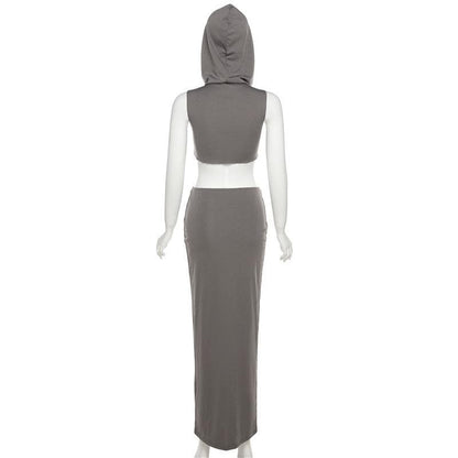 Sleeveless hoodie solid turtle neck maxi skirt set