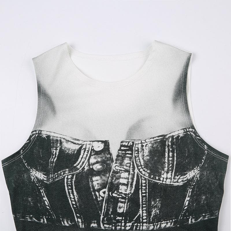 Denim print contrast sleeveless crewneck crop top
