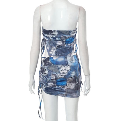 Denim print contrast drawstring self tie backless tube mini skirt set