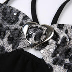 Leopard print glitter halter button backless contrast crop top