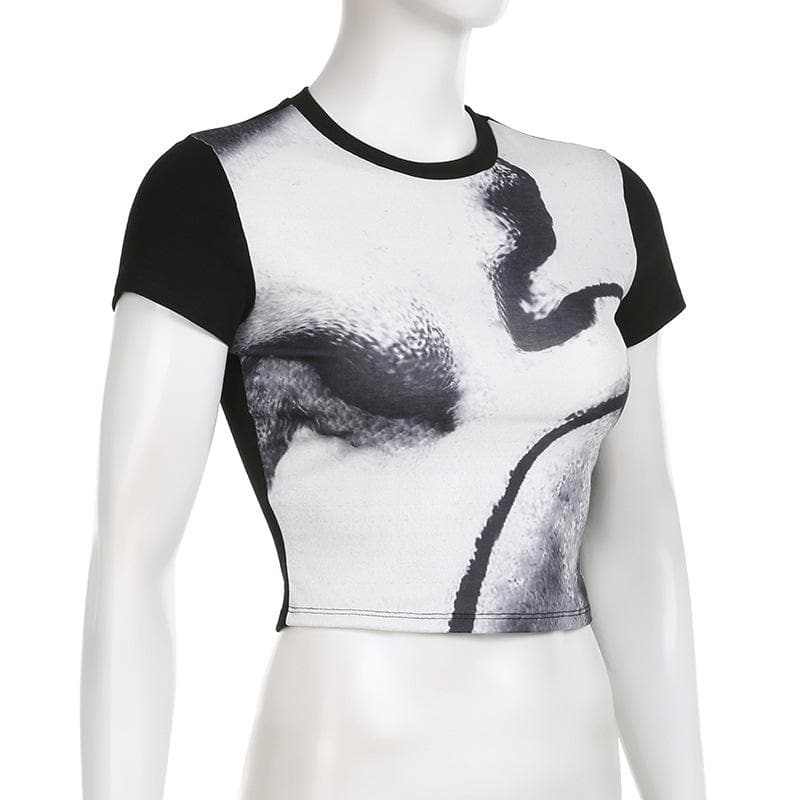 Contrast print short sleeve crewneck crop top