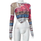 Sheer mesh see through contrast print long sleeve gloves crewneck crop top