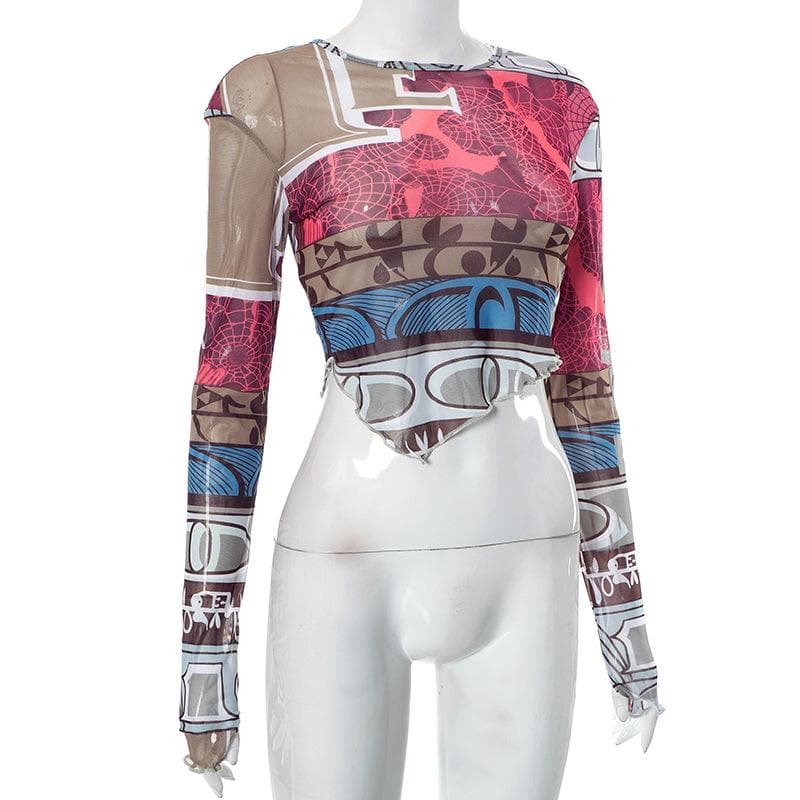 Sheer mesh see through contrast print long sleeve gloves crewneck crop top