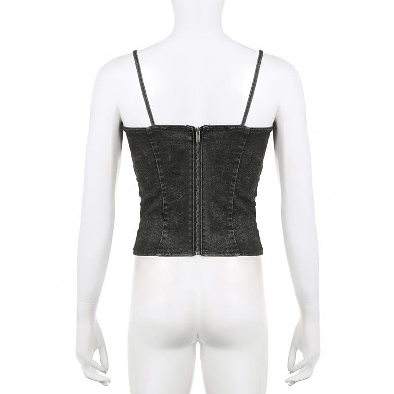 Top corto in denim con scollo a V, zip e schiena scoperta 