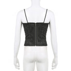 Top corto in denim con scollo a V, zip e schiena scoperta 