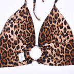 Leopard print contrast o ring halter backless self tie crop top