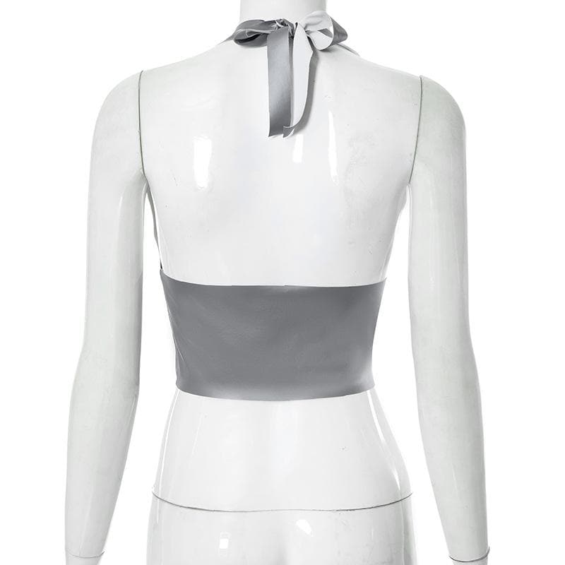 Neckholder-Crop-Top aus PU-Leder mit Reißverschluss und rückenfreiem V-Ausschnitt 
