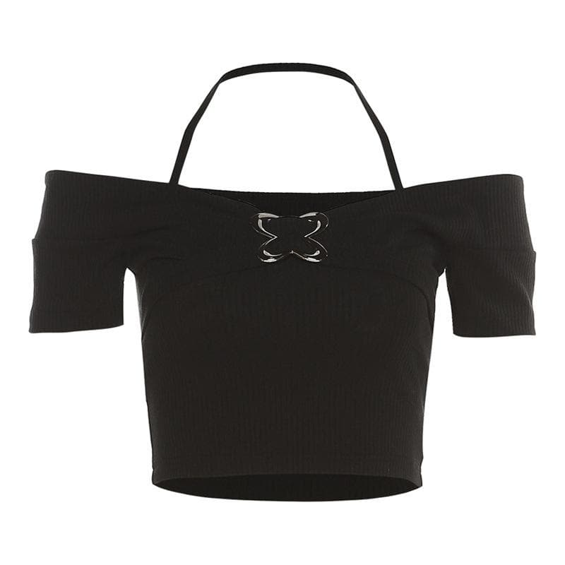 Off shoulder halter buckle short sleeve solid crop top