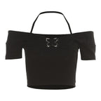 Off shoulder halter buckle short sleeve solid crop top