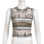 Top senza maniche a contrasto con volant a righe e patchwork in rete 