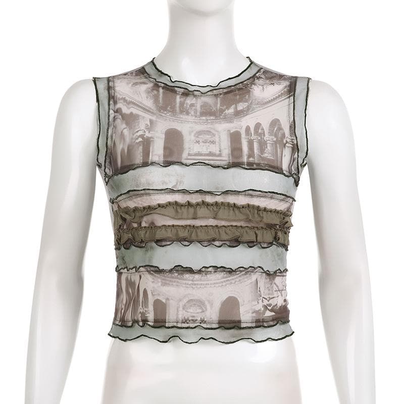 Top senza maniche a contrasto con volant a righe e patchwork in rete 