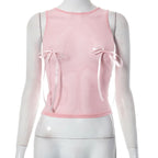 Sheer mesh see through bowknot sleeveless crewneck top