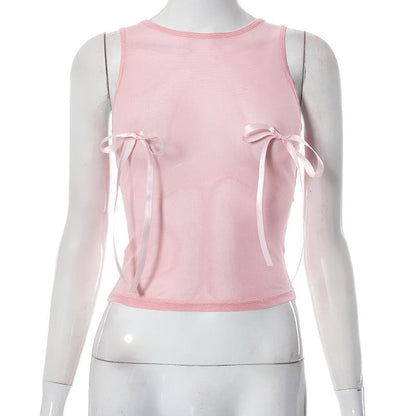 Sheer mesh see through bowknot sleeveless crewneck top