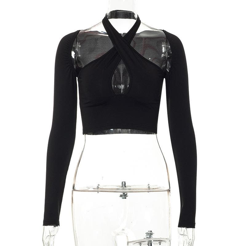 Long sleeve solid halter cross front hollow out crop top - Final Sale