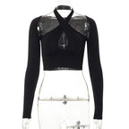 Long sleeve solid halter cross front hollow out crop top - Final Sale