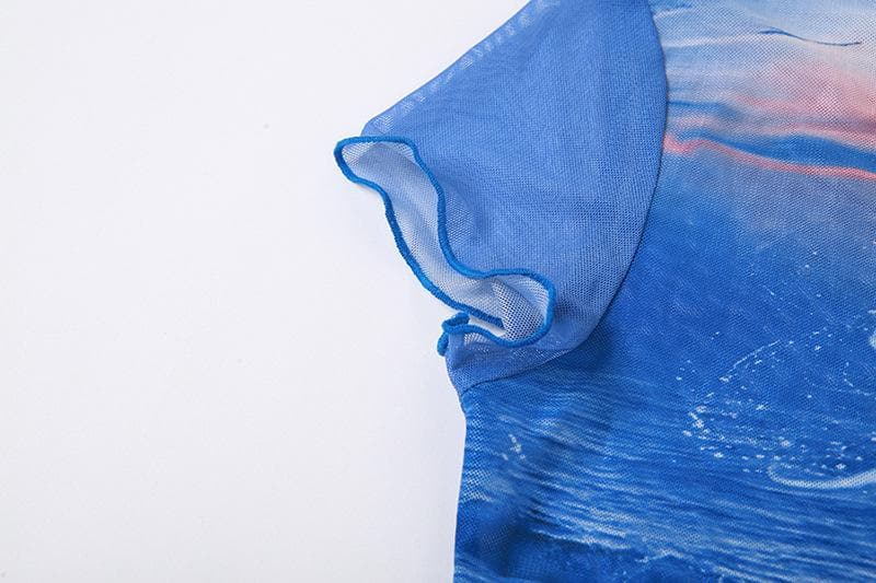 Short sleeve sheer mesh see through ruffle contrast print crop top