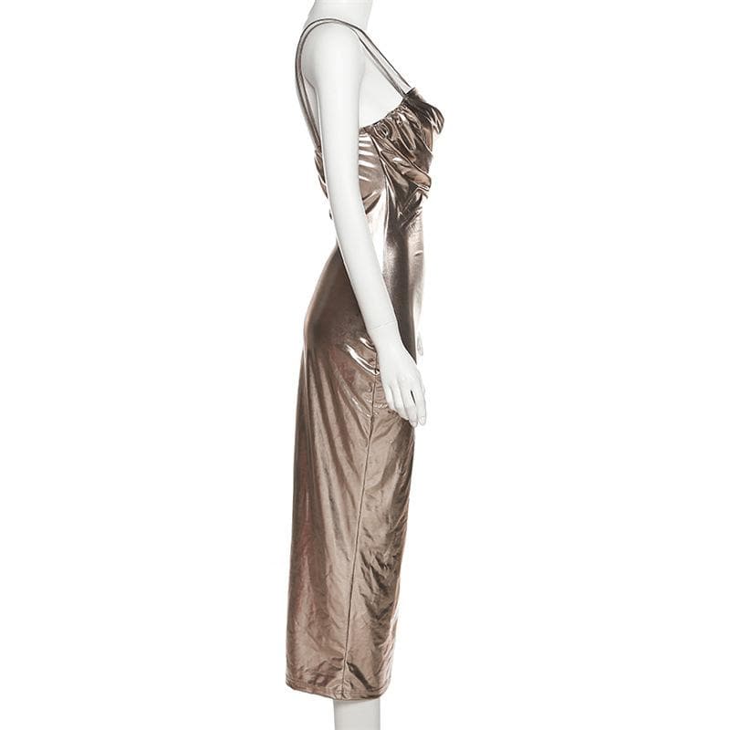 Metallic-Midikleid mit gerüschtem Rücken und Patchwork-Muster 