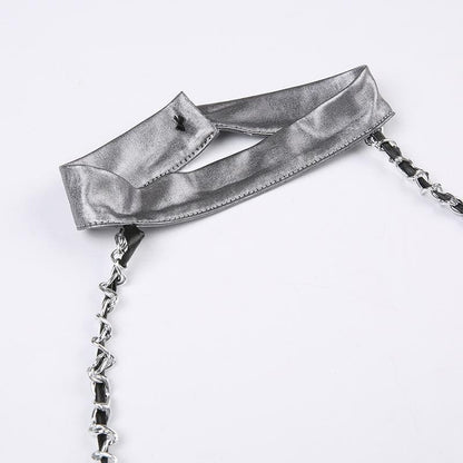 Halter metallic button backless metal chain crop top
