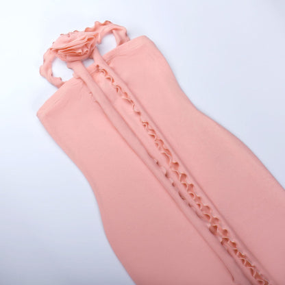 Geripptes, einfarbiges Midikleid mit Schlitz, Blumenapplikation und Rüschenband
