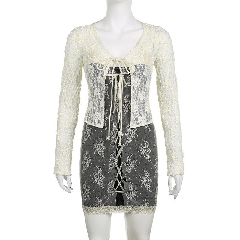 Lace solid long sleeve self tie see through top