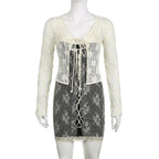 Lace solid long sleeve self tie see through top
